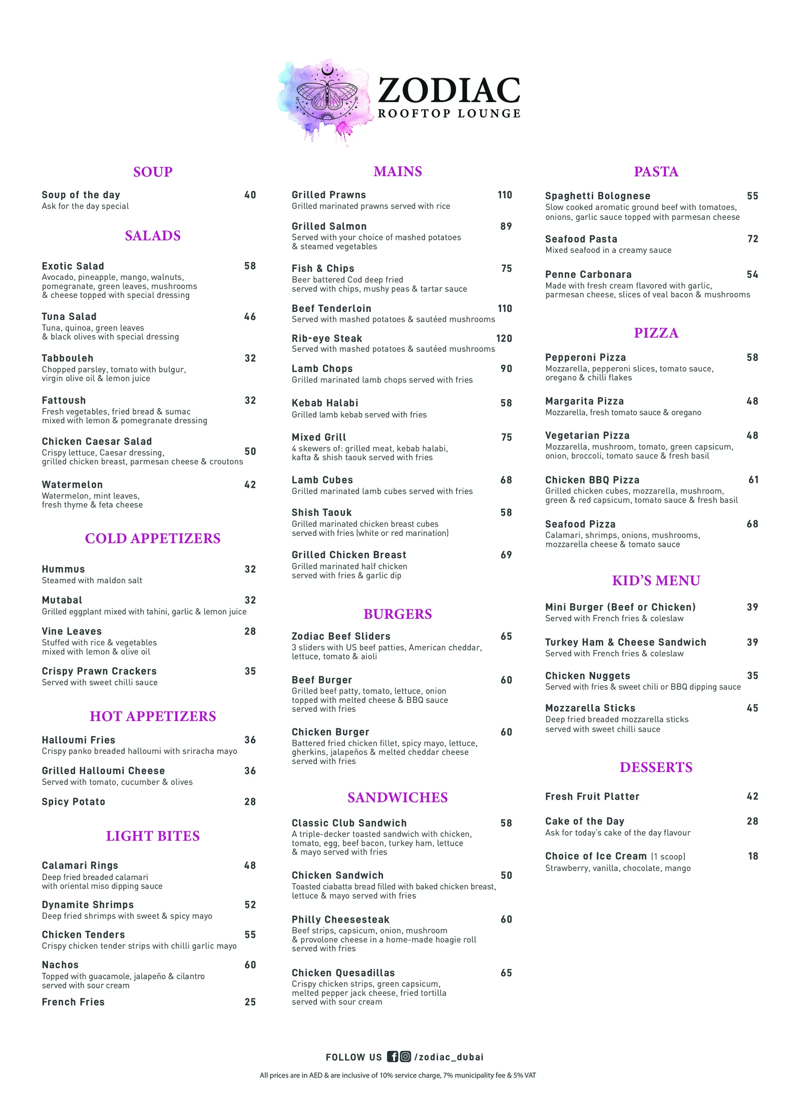 Zodiac Rooftop Lounge Menu in Al Barsha Dubai