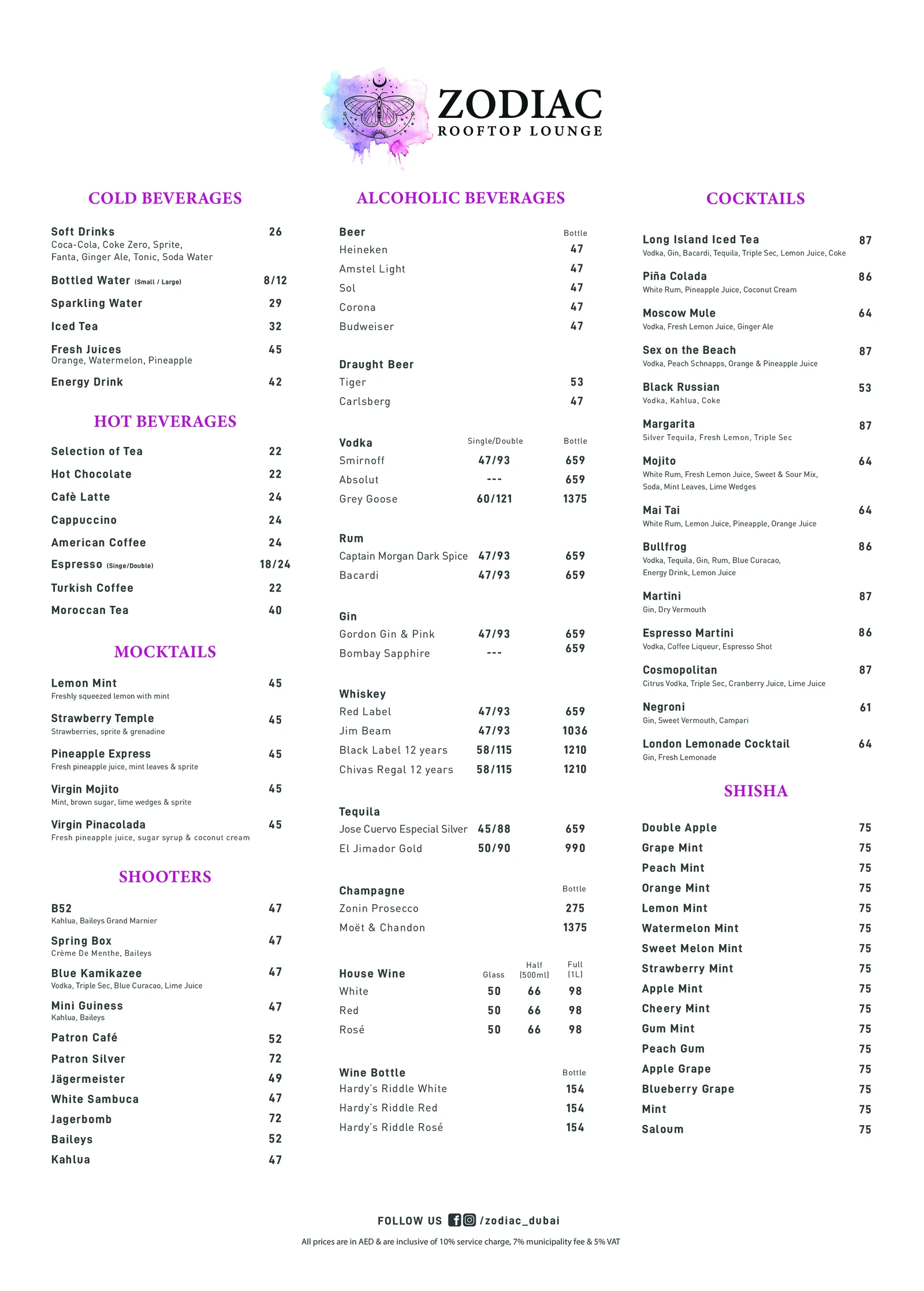 Zodiac Rooftop Lounge Menu in Al Barsha Dubai
